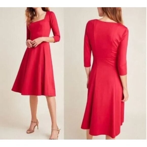 Anthropologie Dress Womens Medium Red Joceyln Midi Ponte Knit Square Neck - Picture 1 of 7
